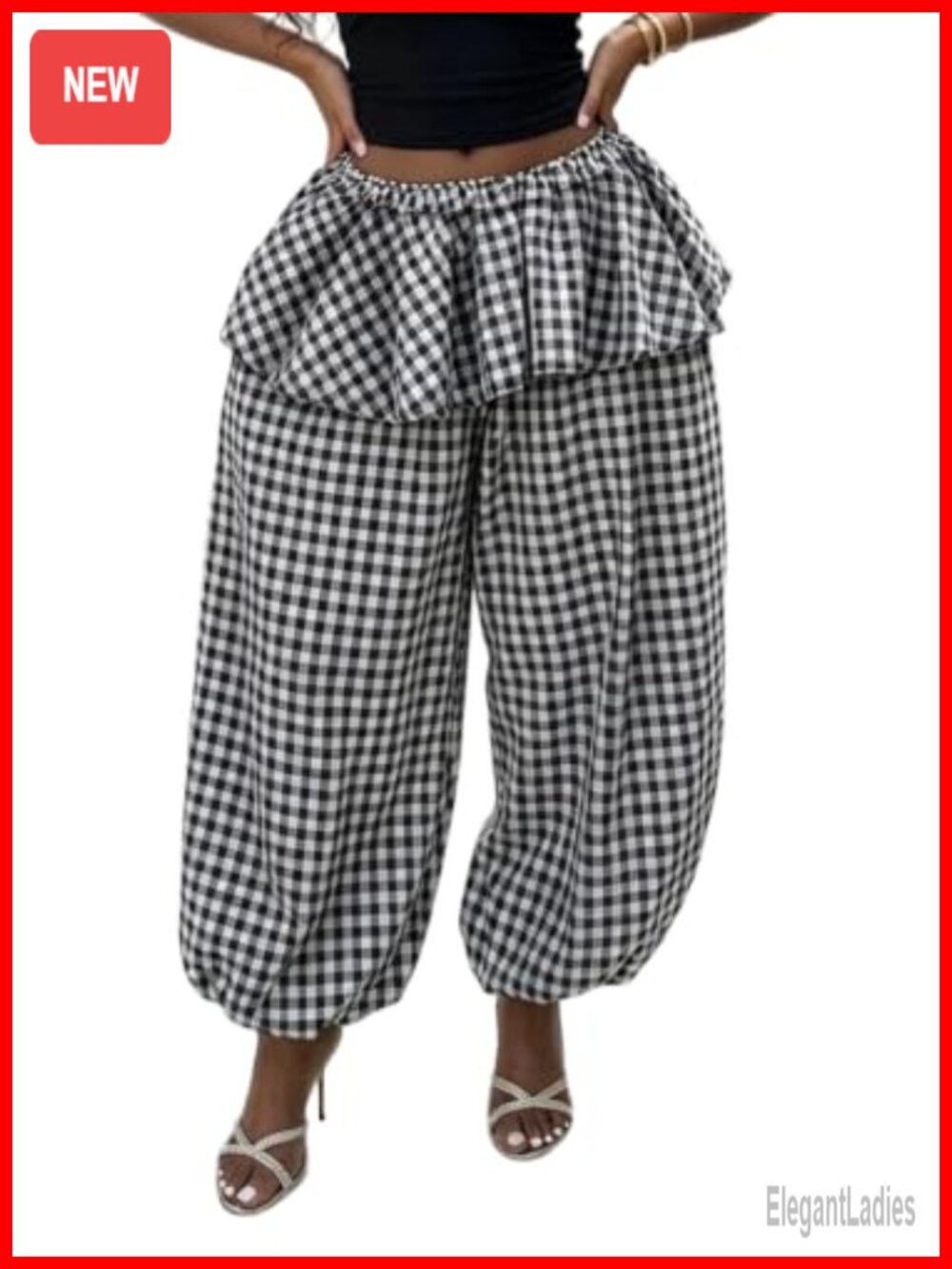 Women Balloon Harem Pants Ruffle Overlay Bubble Jogger Woven Pull-On